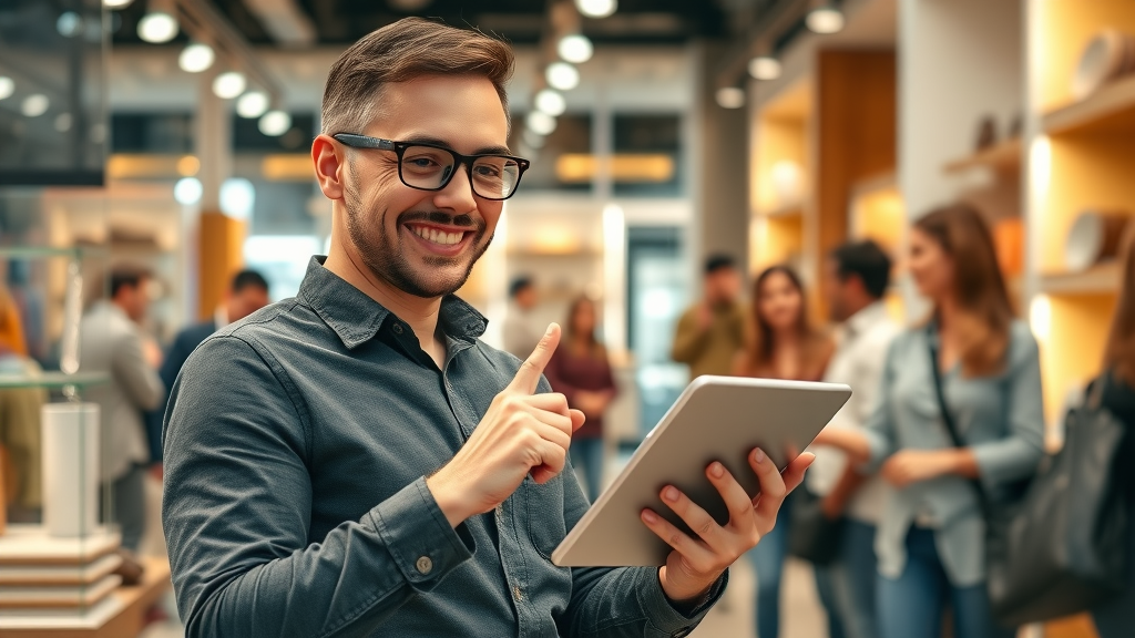 Small business owner in boutique checking ai-driven sales report, celebrating successful marketing strategy
