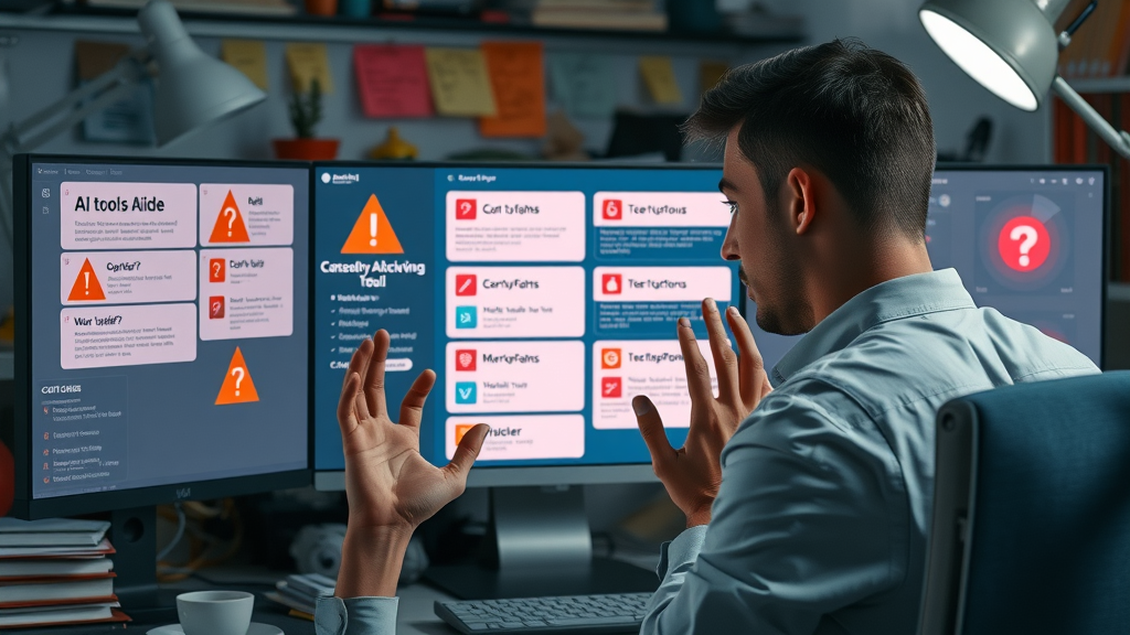 Marketer hesitating between multiple confusing ai marketing tool options on computer screen