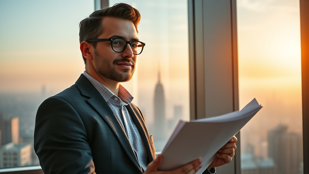 Confident digital marketing professional reviewing ai strategy plan at sunrise in high-level office
