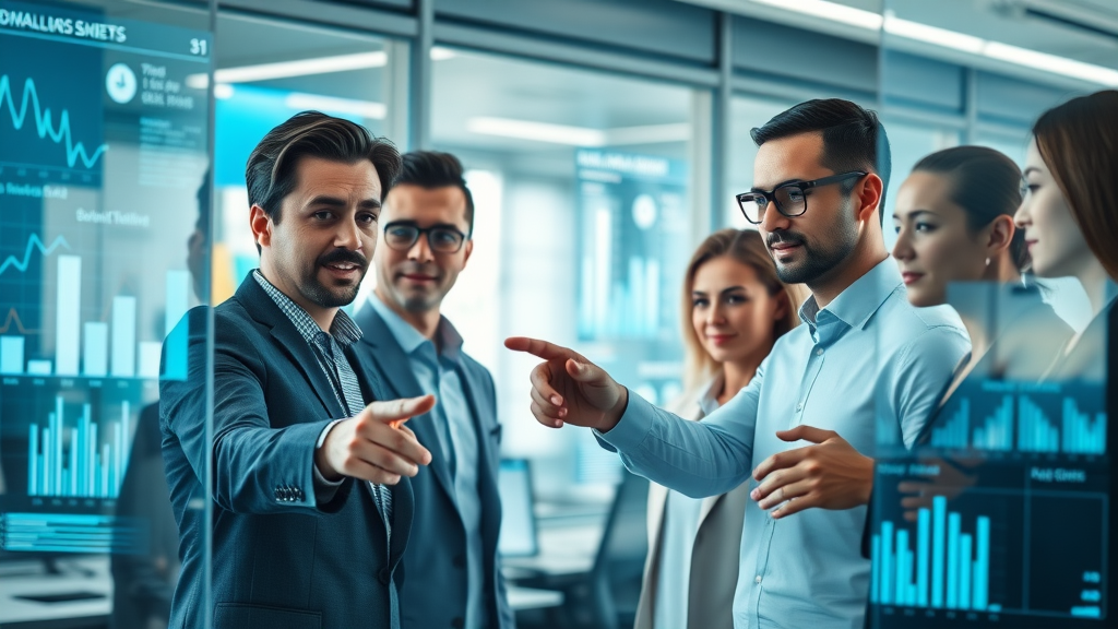 collaborative team reviews cost reduction with AI on digital dashboards in a high-tech workspace