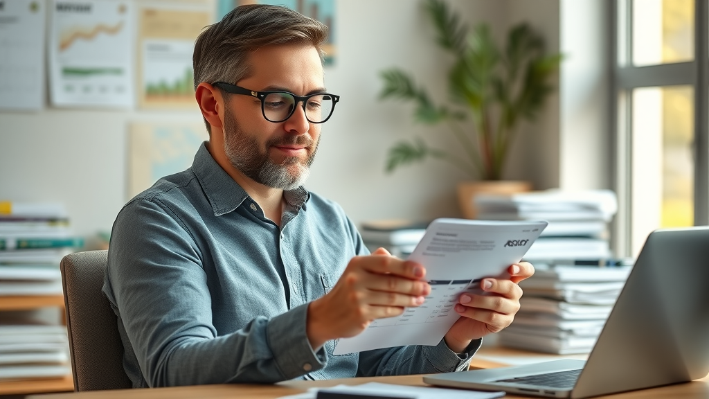 small business owner reviews expense reports for cost reduction with AI at a tidy, modern desk