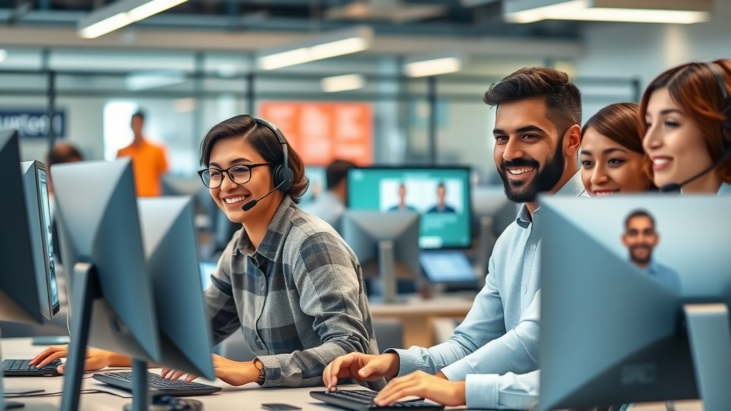 Diverse customer service team uses AI chatbots for effective cost reduction with AI in call center