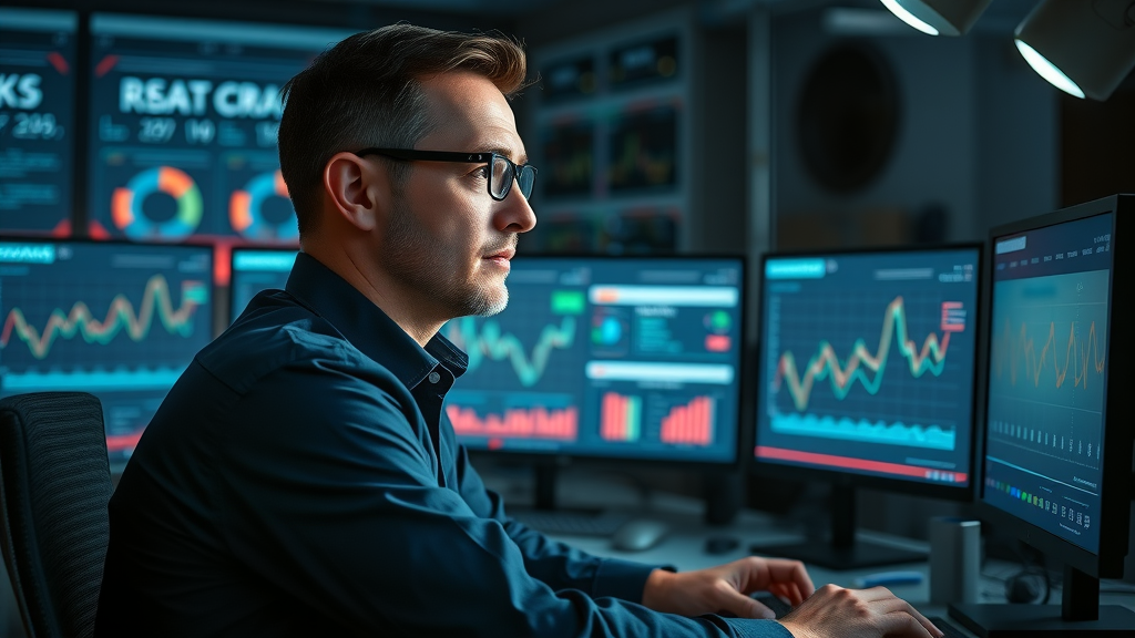 Thoughtful IT manager reviews AI system security and risk charts for cost reduction with AI in control center