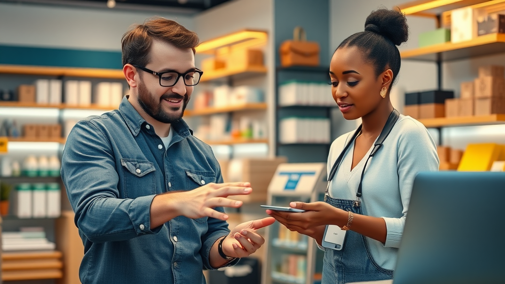 Small business owner setting up improving customer service with AI support system