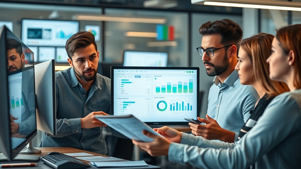Diverse team analyzing reports for improving customer service with AI