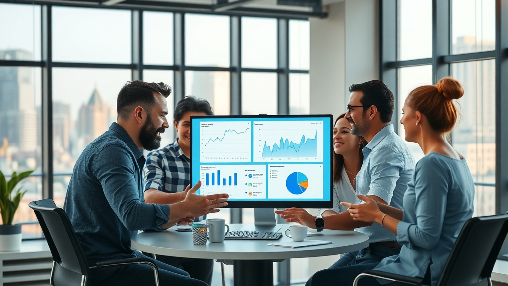 Modern small business office team collaborating with AI dashboards and machine learning in small business