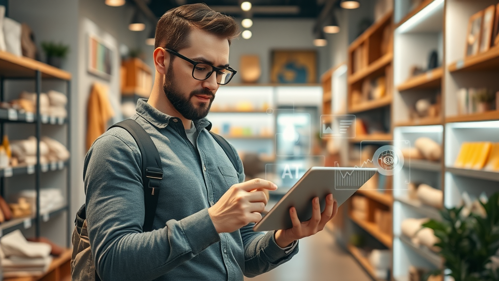 Entrepreneur using AI and data analytics on a tablet in a boutique, demonstrating machine learning in small business