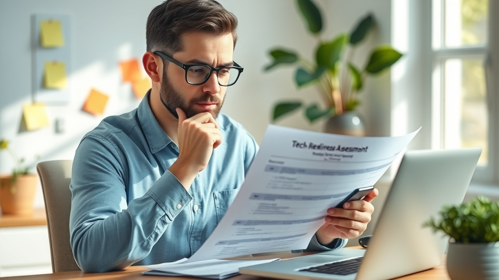 Small business owner assessing AI readiness with a checklist and laptop