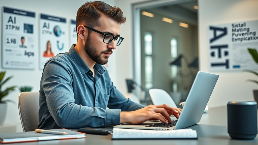 Small business employee upskilling with online AI program, machine learning and ai tools in workspace