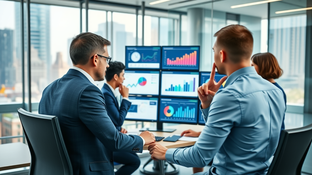 Business professionals collaborating with interactive data dashboards in a contemporary office, AI-powered data analytics