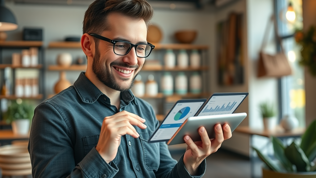 Local business owner using AI-powered data analytics on a tablet in a friendly cafe, data analysis for small business