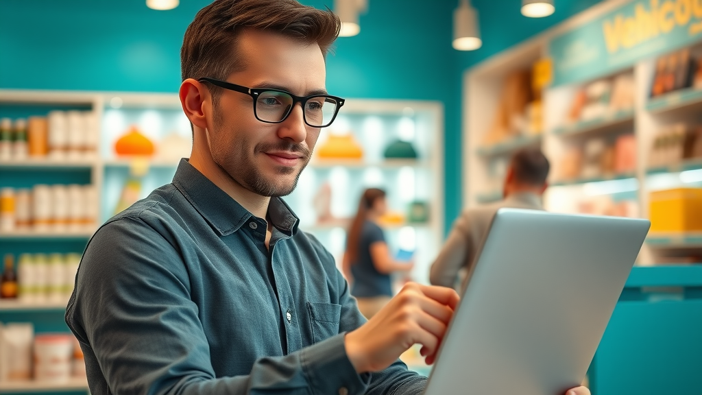Shop owner using AI analytics on a digital dashboard in a bright store, data visualization for local business