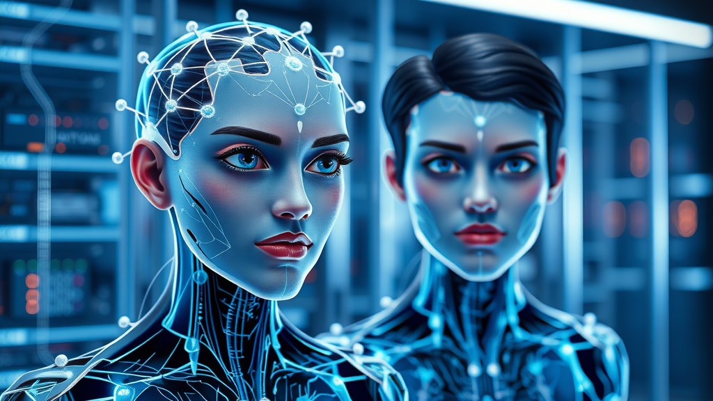 Neural network avatars with conversational features set in a futuristic server room, natural language processing AI analytics