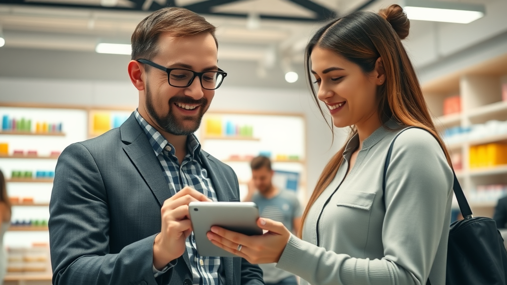 Business manager showing data analytics to a customer in a retail environment, customer engagement with AI-powered analytics