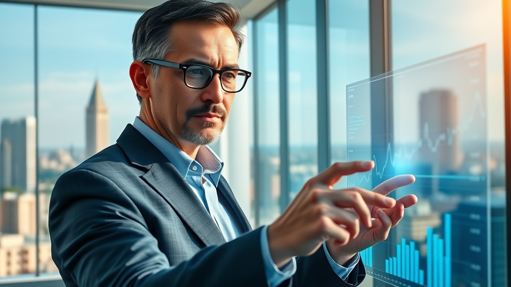 Executive analyzing predictive analytics projections on a futuristic dashboard, AI data analytics for forecasting