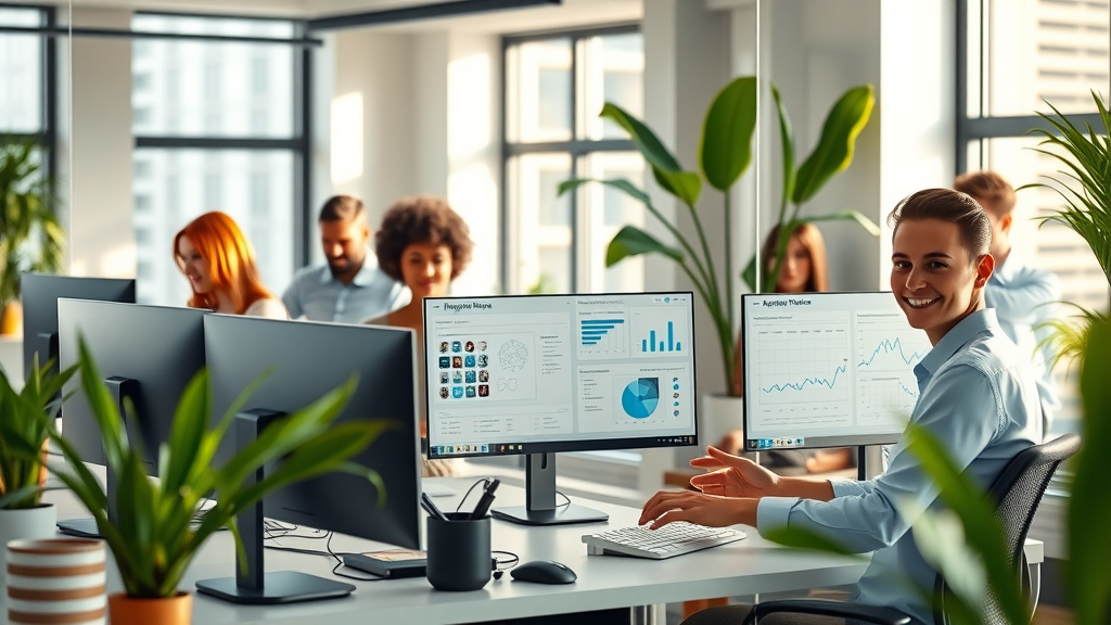 Enhancing productivity with AI in a modern small business office with diverse team collaborating around AI software dashboards