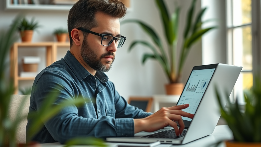 Business owner using AI assistant to enhance productivity with AI on laptop in a cozy home office