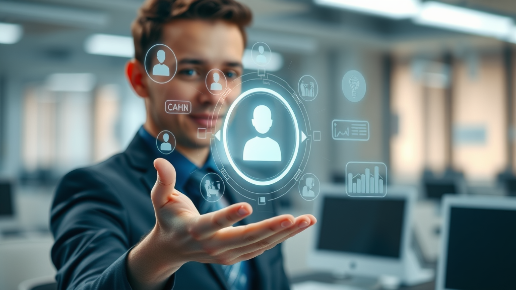AI assistant interacting with workflow icons and AI productivity dashboard in a modern office background