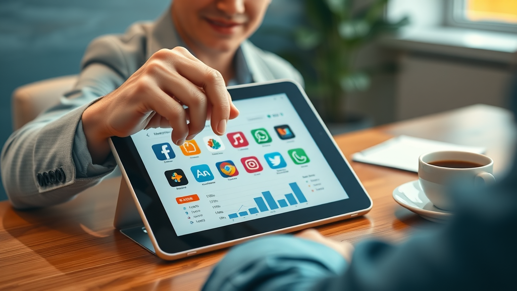 Business owner comparing multiple AI productivity tools on a digital tablet with app icons and ratings