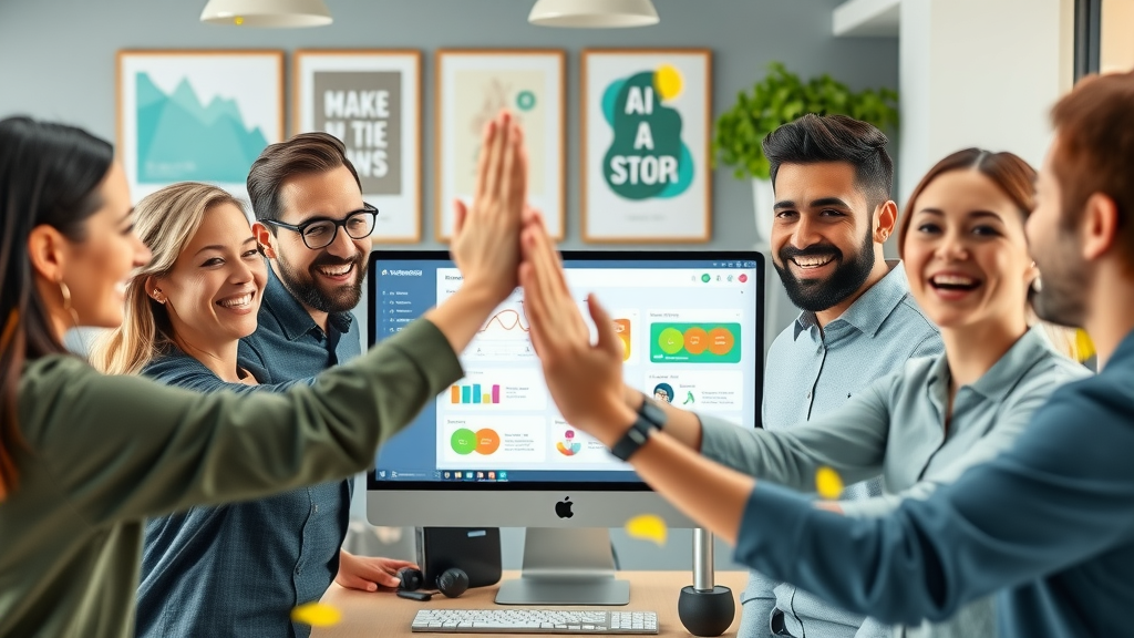 Diverse employees celebrating successful AI workflow automation with smiles and high-fives in modern workspace with AI dashboard on screen