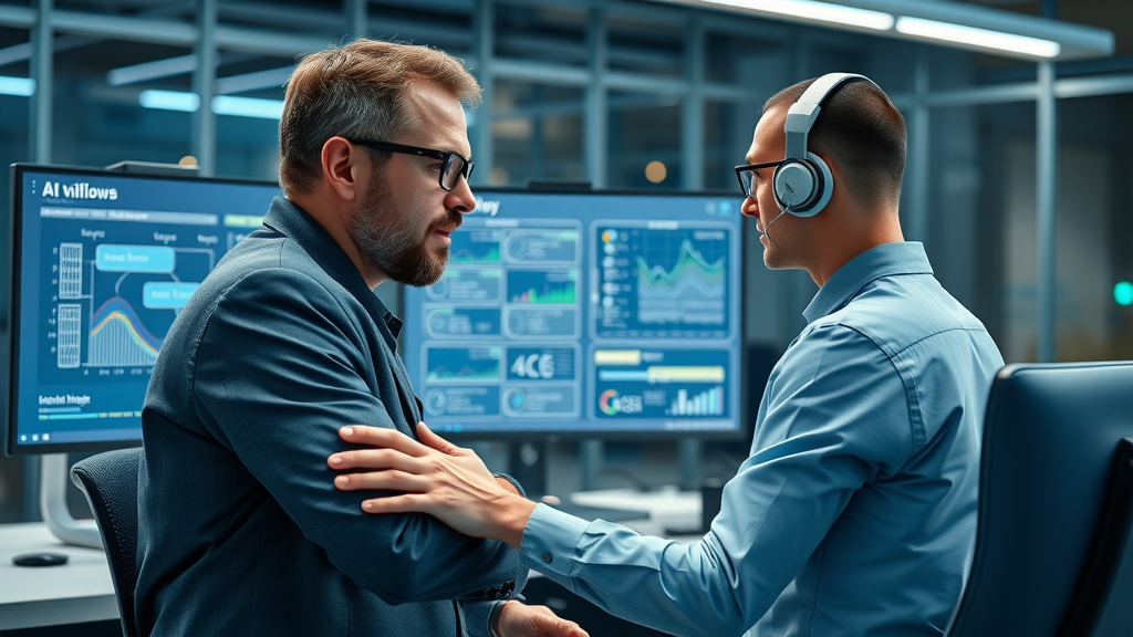 Skilled worker enhancing productivity with AI reviewing digital workflow analysis with AI assistant in tech-enabled office