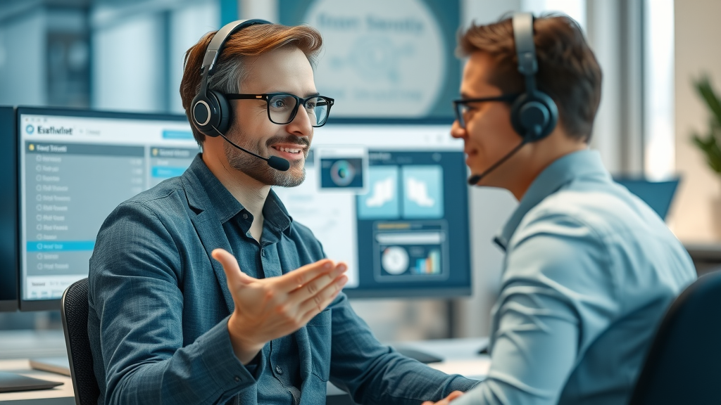 Customer support agent demonstrating AI product to small business owner in a tech support office environment